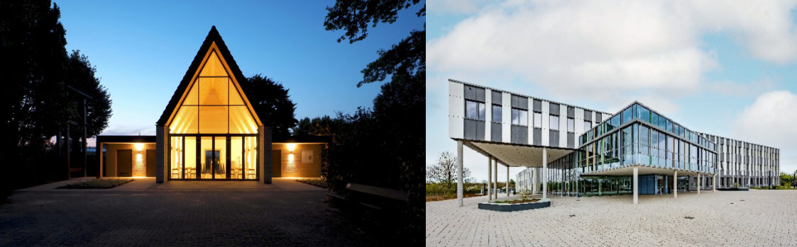 GBG Projekte beim Tag der Architektur Das Bild zeigt zwei Architekturprojekte aus Geldern nebeneinander. Auf der linken Seite ist die sanierte Friedhofshalle in Walbeck zu sehen. Das Gebäude besitzt eine hohe, spitz zulaufende Giebelfront mit großen Glasflächen, durch die warmes Licht nach außen strahlt. Die Aufnahme entstand in der Dämmerung und wird von dunklen Bäumen eingerahmt. Auf der rechten Seite ist der Neubau der Realschule An der Fleuth abgebildet. Das moderne Schulgebäude verfügt über große Glasfassaden, eine markante Dachform und einen weit auskragenden Eingangsbereich. Die Aufnahme zeigt das Gebäude bei Tageslicht vor einem teilweise bewölkten Himmel. Beide Gebäude stehen exemplarisch für zeitgenössische Architektur in Geldern.